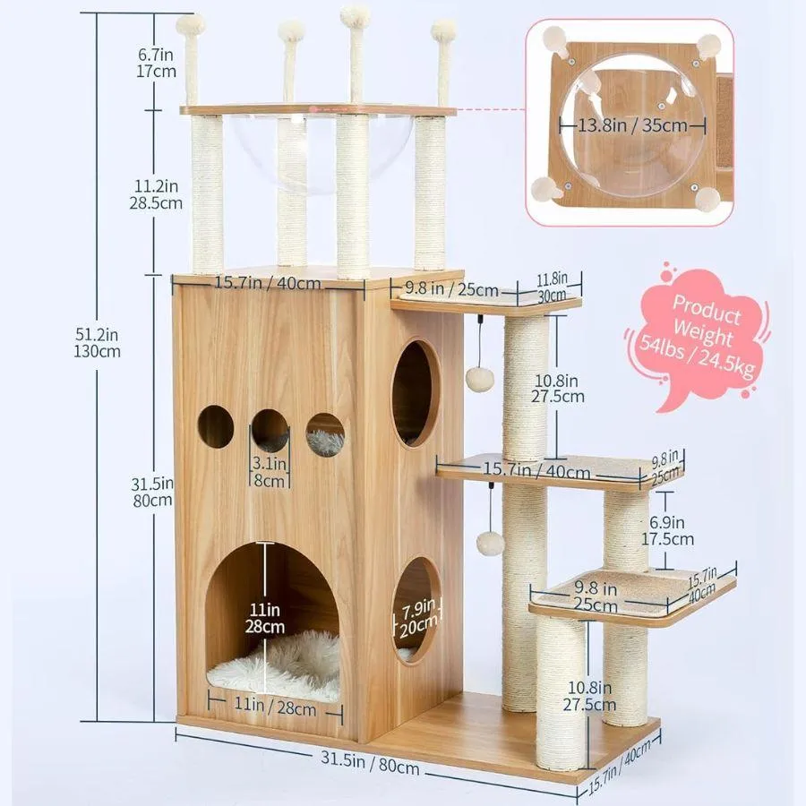 Modern Cat Tree for Large Cat with Clear Bowl & Scratch Post