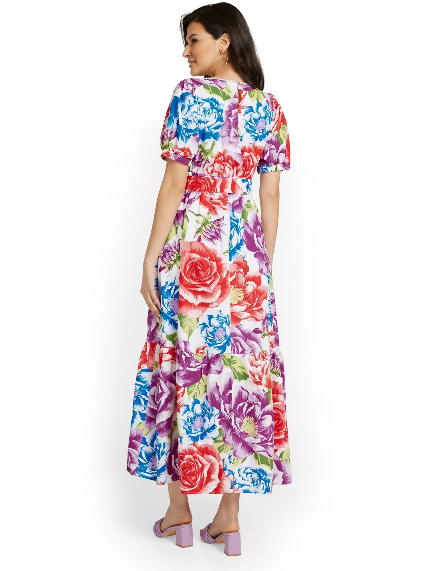 Petite Floral-Print Puff-Sleeve Maxi Dress