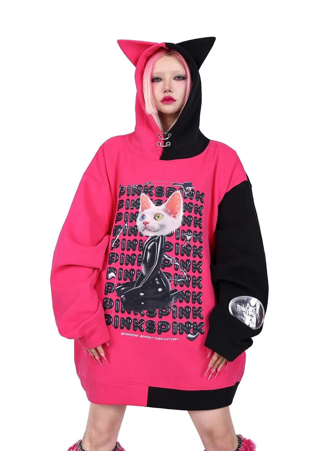 PINKSPINK Cat Graphic Oversized Hoodie - Hot Pink and Black