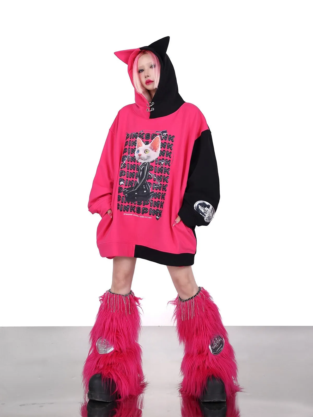 PINKSPINK Cat Graphic Oversized Hoodie - Hot Pink and Black