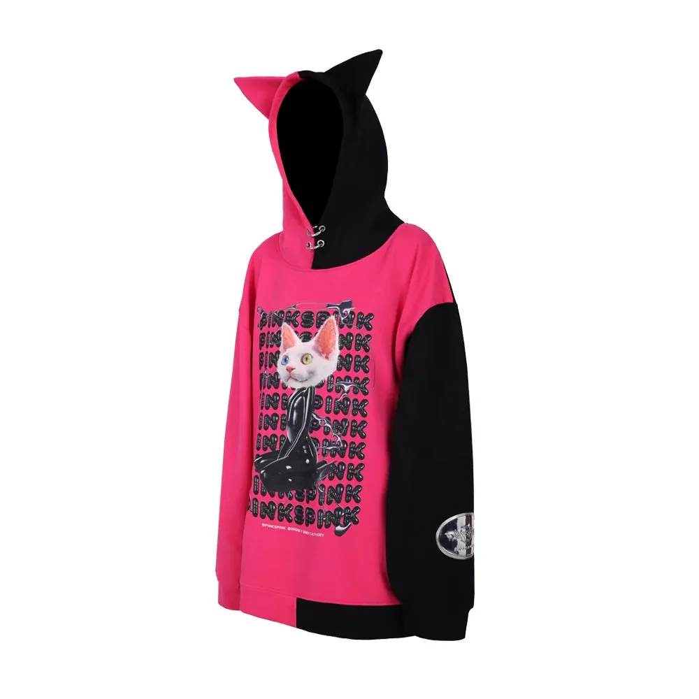 PINKSPINK Cat Graphic Oversized Hoodie - Hot Pink and Black