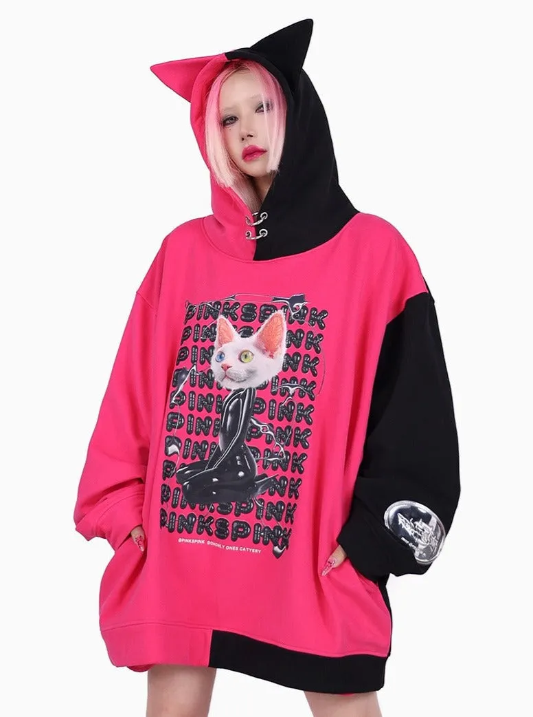 PINKSPINK Cat Graphic Oversized Hoodie - Hot Pink and Black