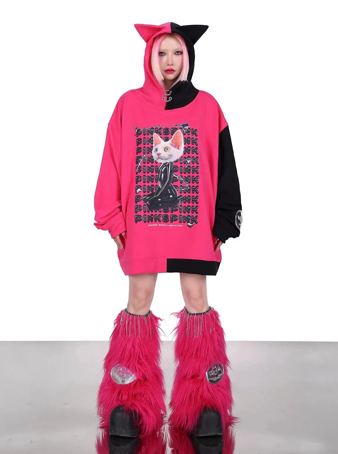 PINKSPINK Cat Graphic Oversized Hoodie - Hot Pink and Black