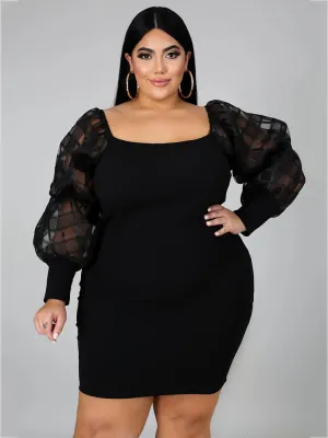 Plus Size Long Sleeve Hollow Out Mesh Mini Dresses