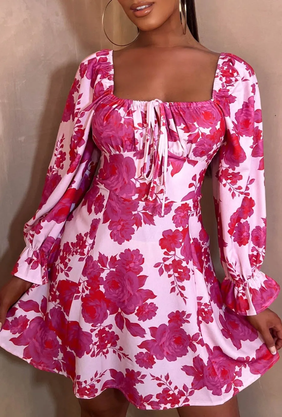 Pretty Affair Pink Floral Long Sleeve Milkmaid Style Mini Dress