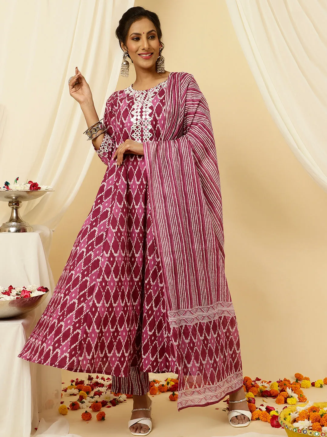 Purple Mirror Embellished Ikat Printed Anarkali Kurta With Pants And Dupatta