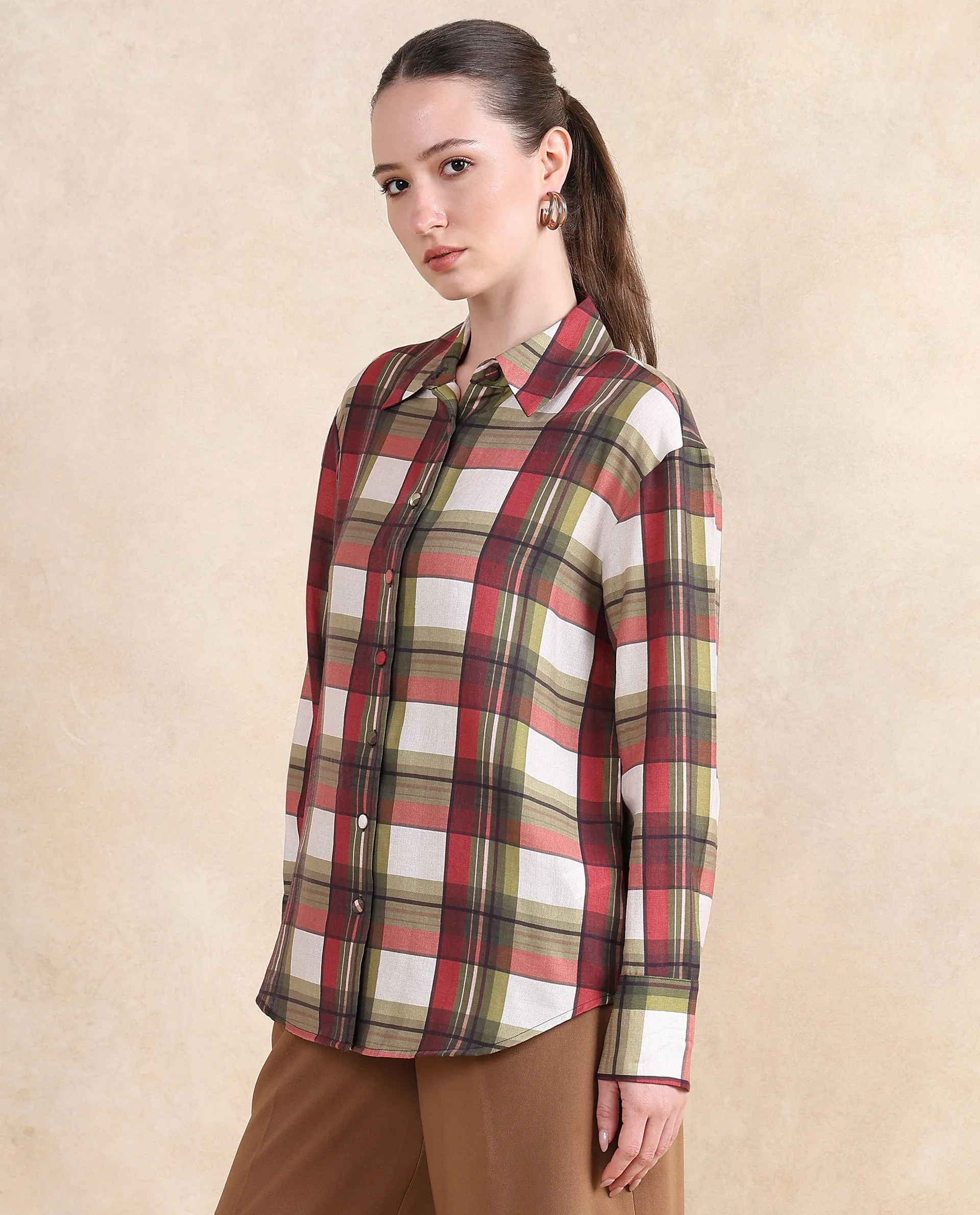 Rareism Women Atoil Multi Cuffed Sleeve Collared Neck Button Closure Checked Shirt