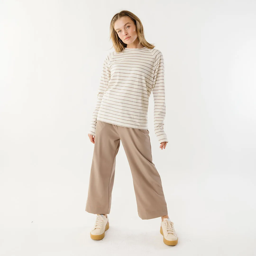 Riley Long Sleeve Stripe Tee, Ivory/Brown