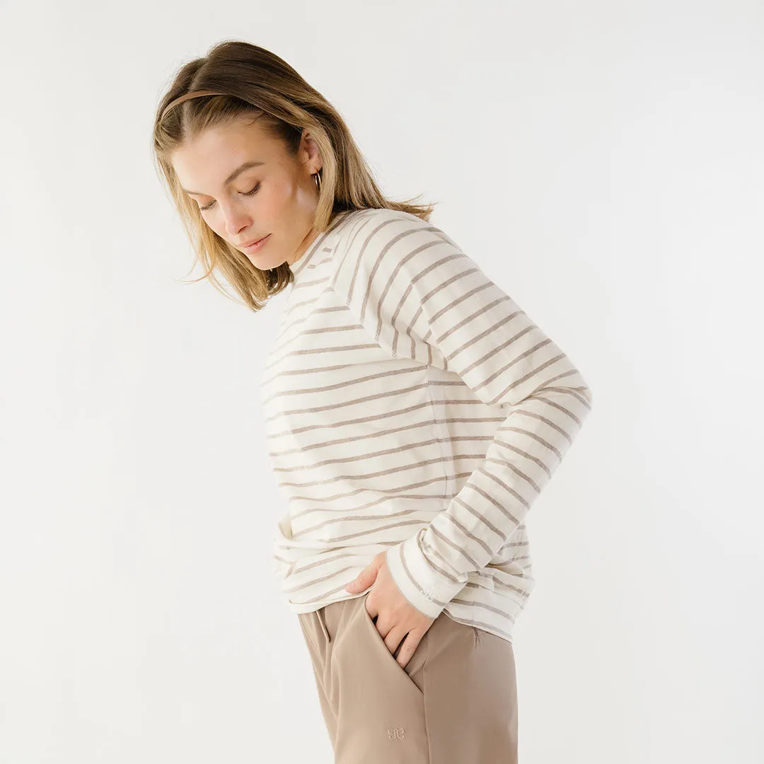 Riley Long Sleeve Stripe Tee, Ivory/Brown