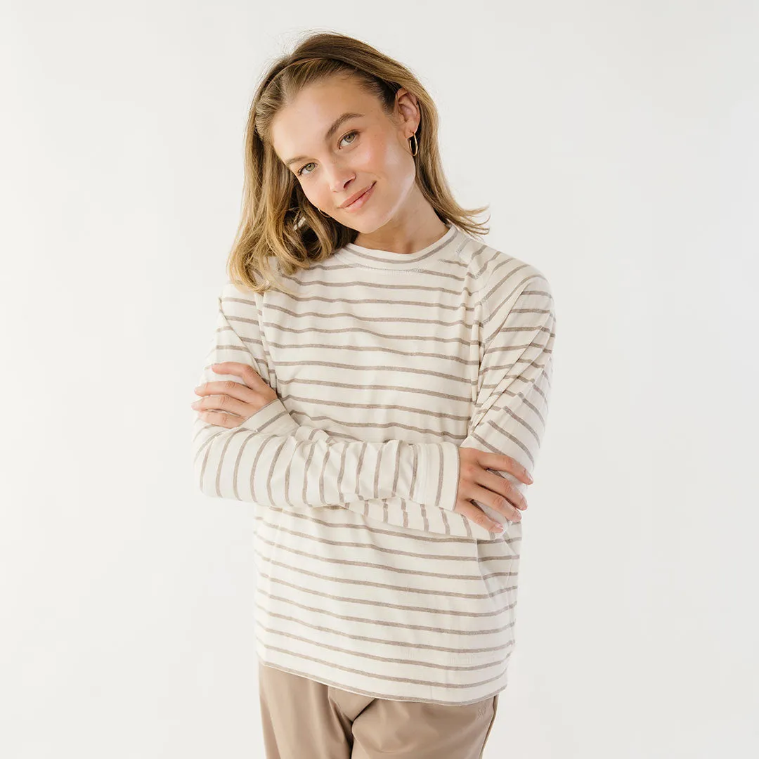 Riley Long Sleeve Stripe Tee, Ivory/Brown