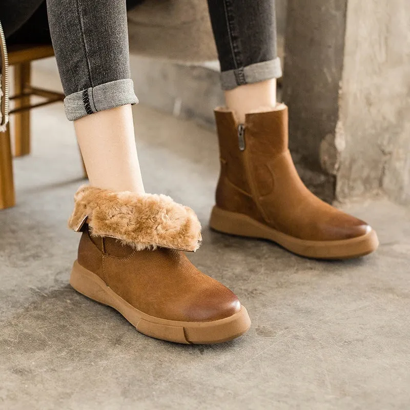 Side Zipper Chelsea Boots Waxing Leather Short Boots for Winter Black Fleece Lined/Coffee Fleece Lined