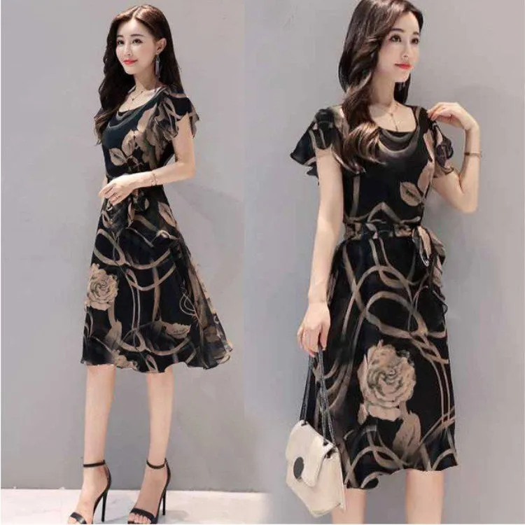 Summer Women Korean Slim-Look Plus Size Printed Trendy Elegant A-Line Dress