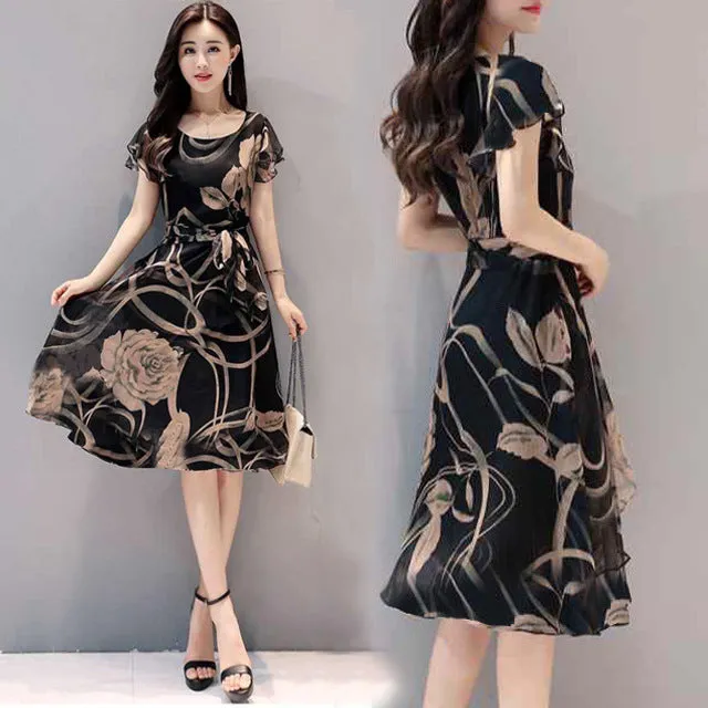 Summer Women Korean Slim-Look Plus Size Printed Trendy Elegant A-Line Dress