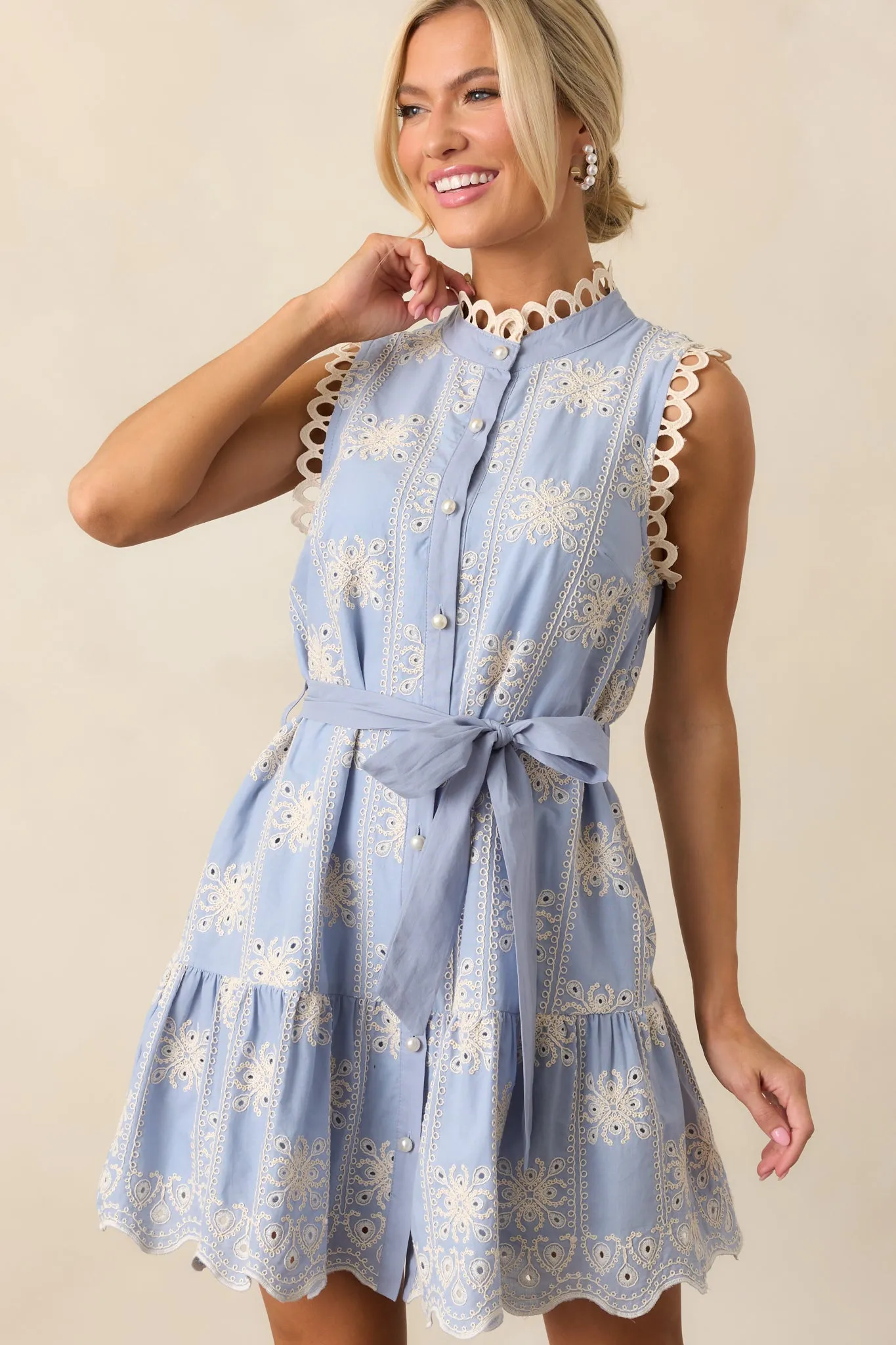 Through The Rain Cotton Sky Blue Embroidered Mini Dress