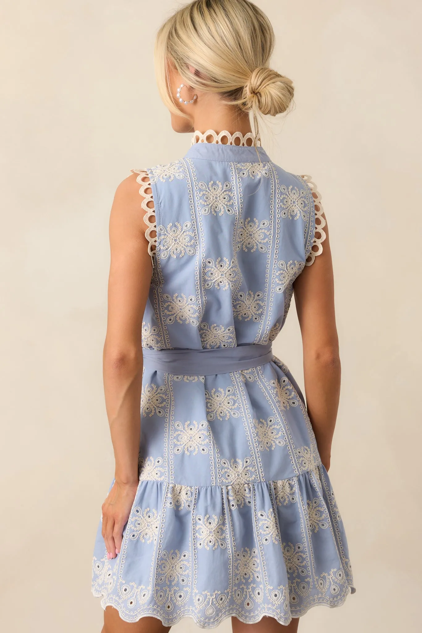 Through The Rain Cotton Sky Blue Embroidered Mini Dress