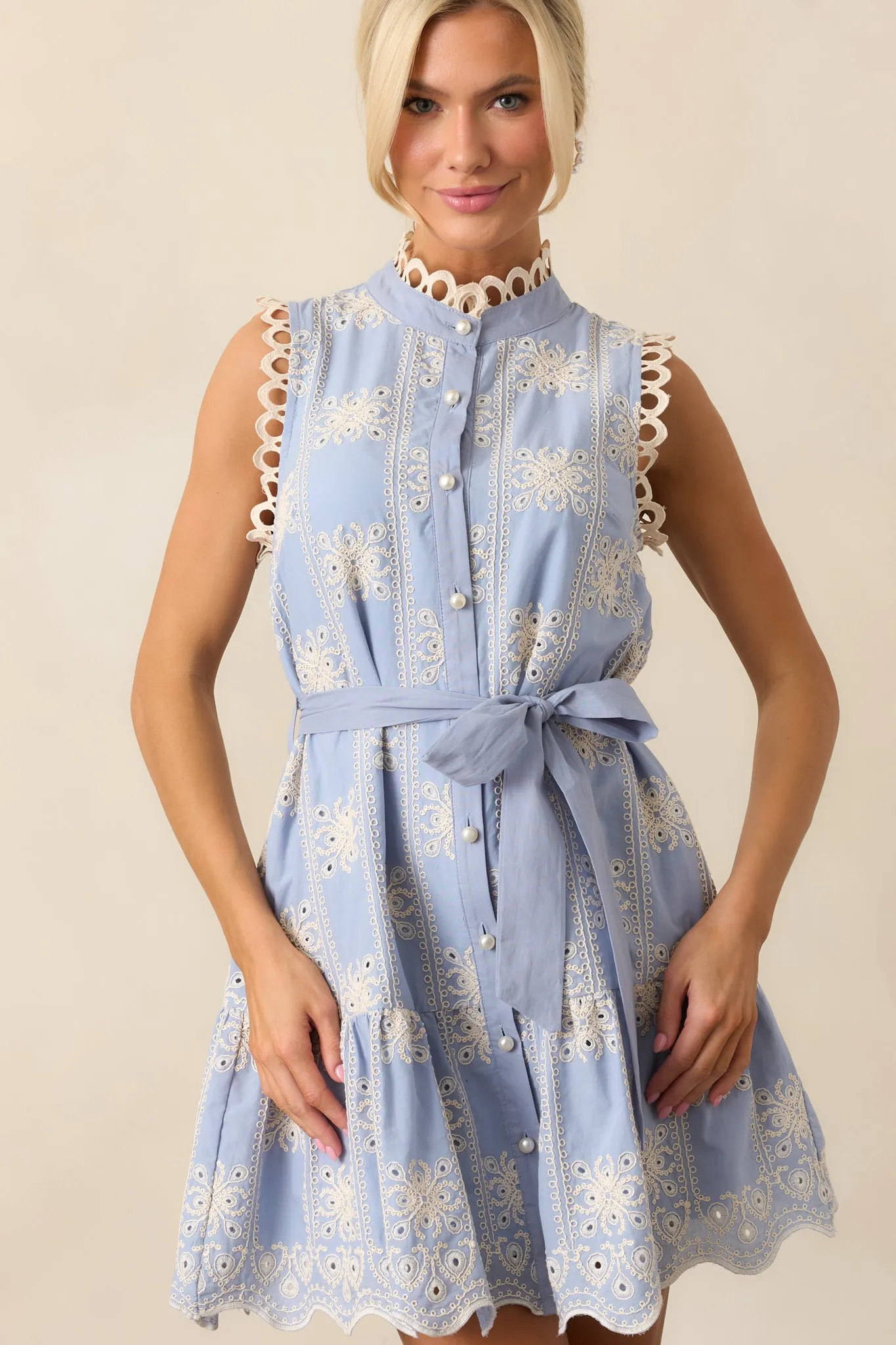 Through The Rain Cotton Sky Blue Embroidered Mini Dress