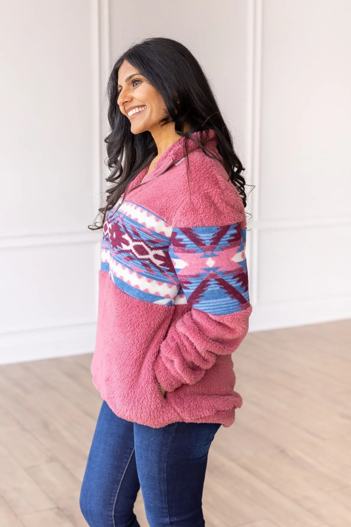 Trend Seeker Blush Pink Aztec Sherpa Half Zipper