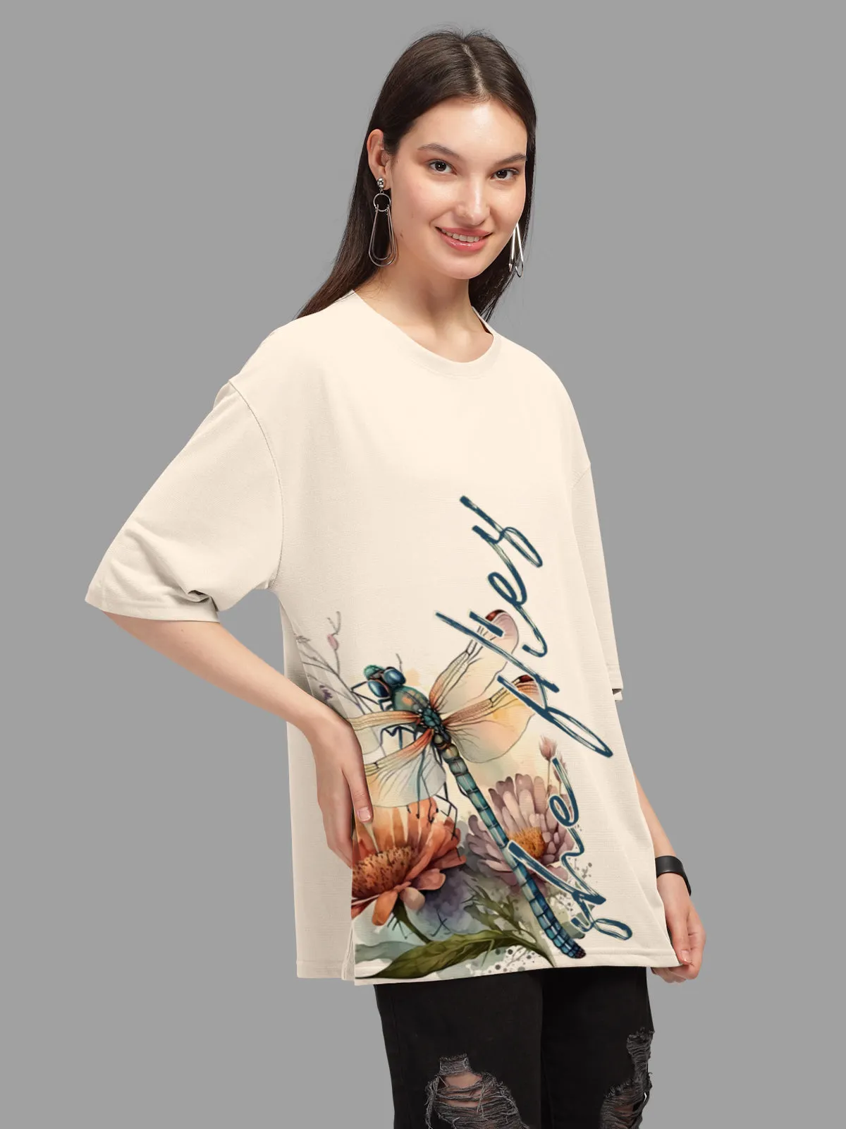 Trendy Beige Printed Oversized T-shirt for Women