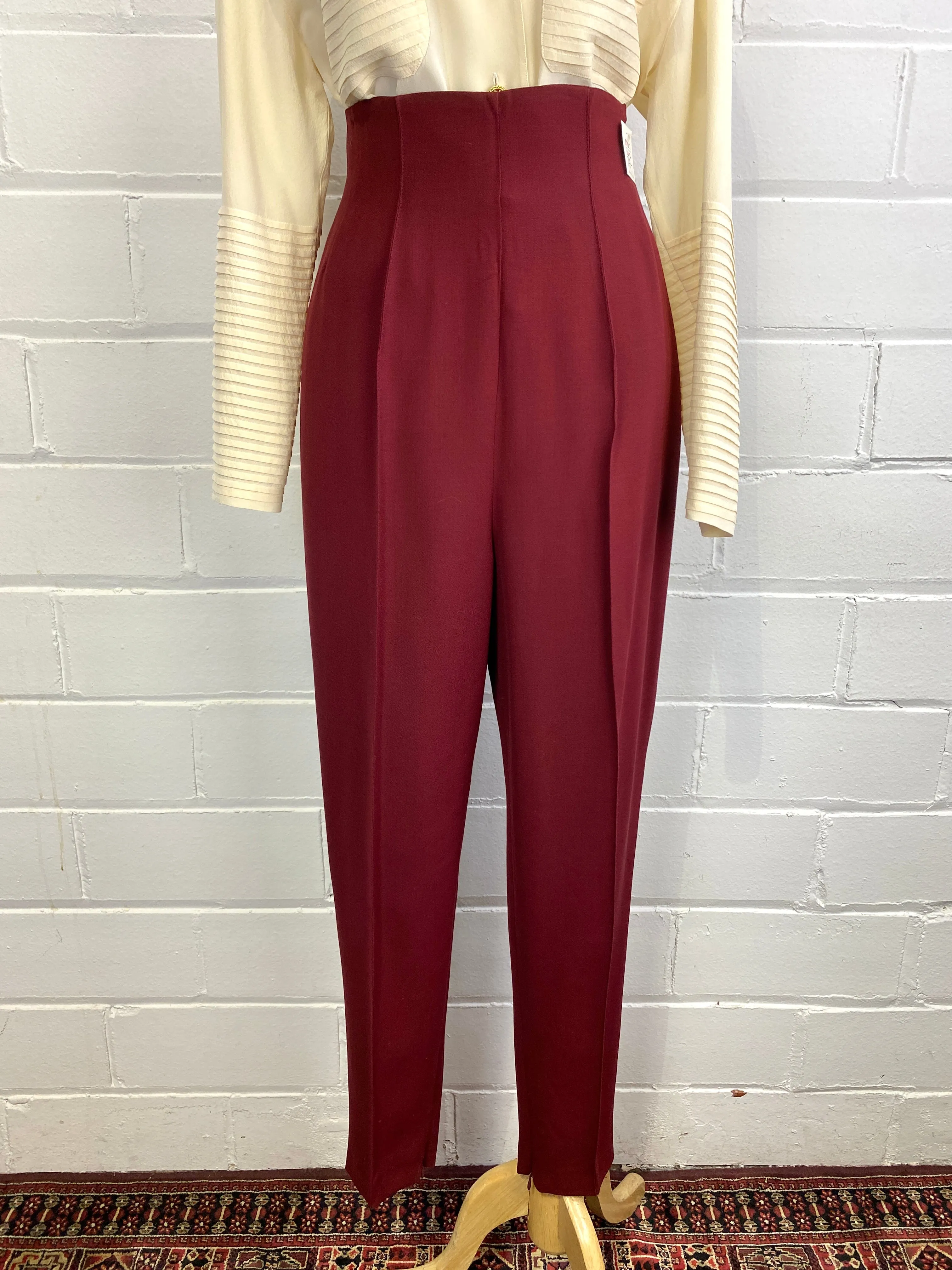 Vintage 1980s Sophie Sitbon Burgundy Wool Pant Suit, Tapered Leg, W29"