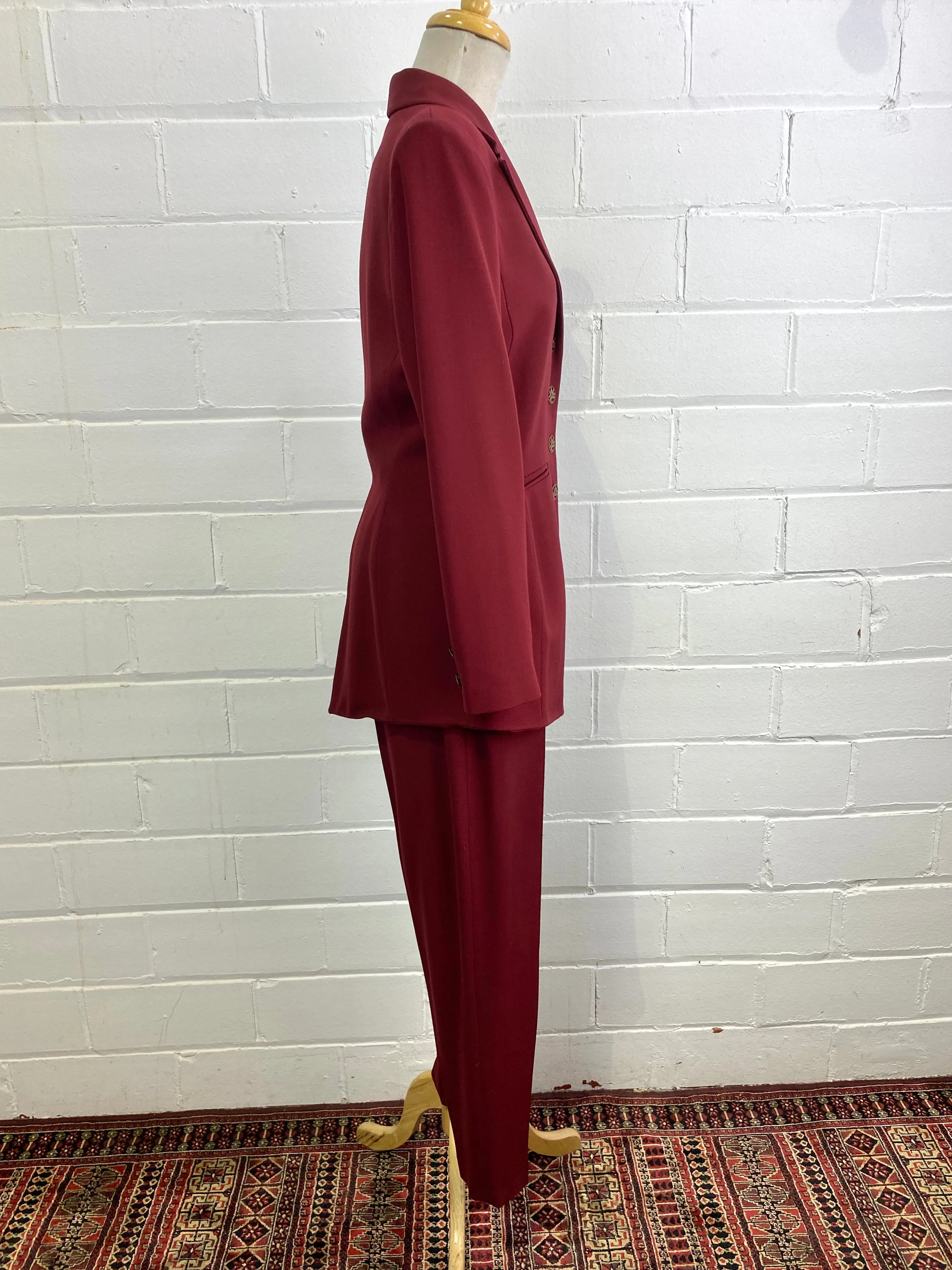 Vintage 1980s Sophie Sitbon Burgundy Wool Pant Suit, Tapered Leg, W29"