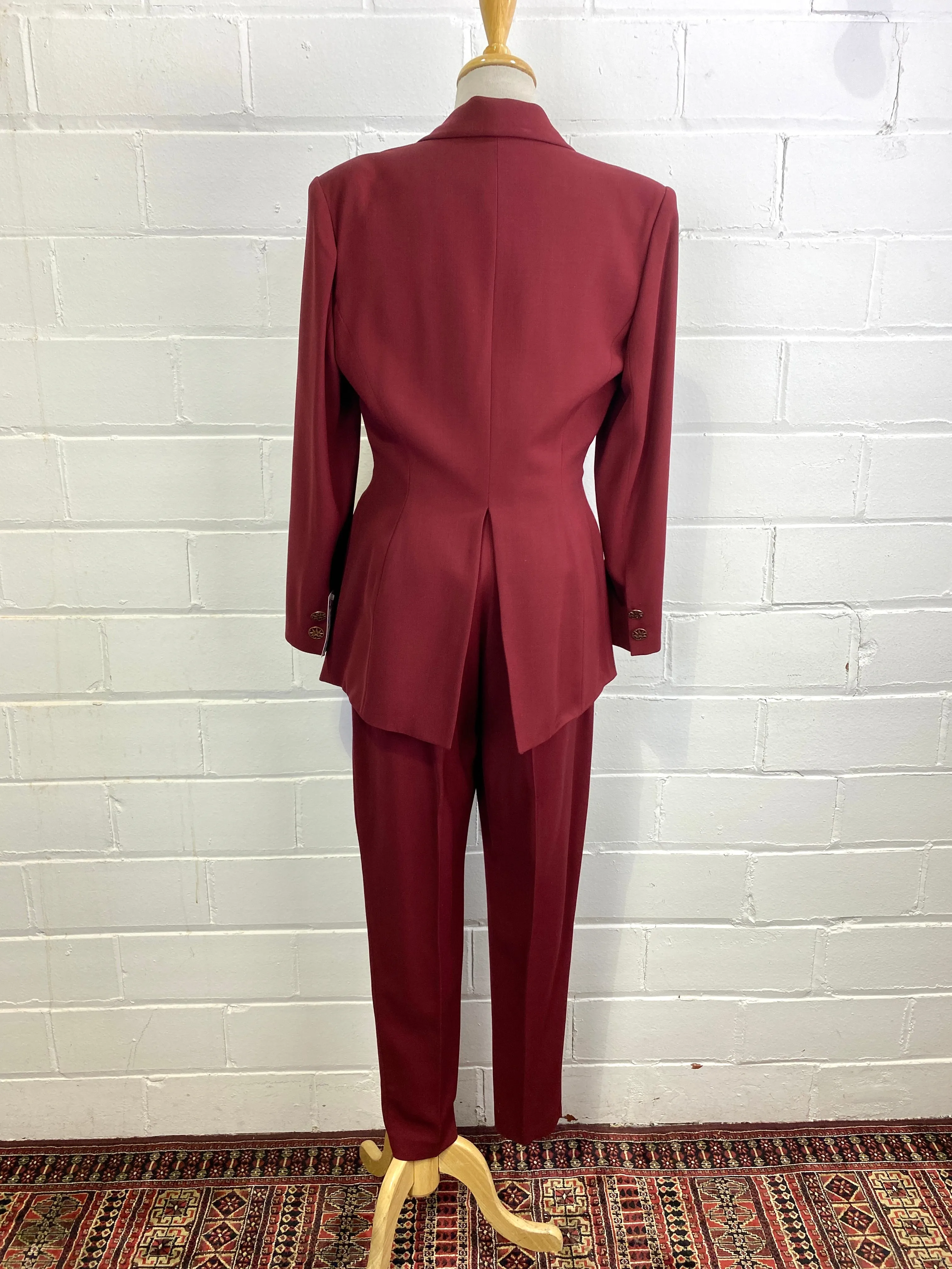 Vintage 1980s Sophie Sitbon Burgundy Wool Pant Suit, Tapered Leg, W29"