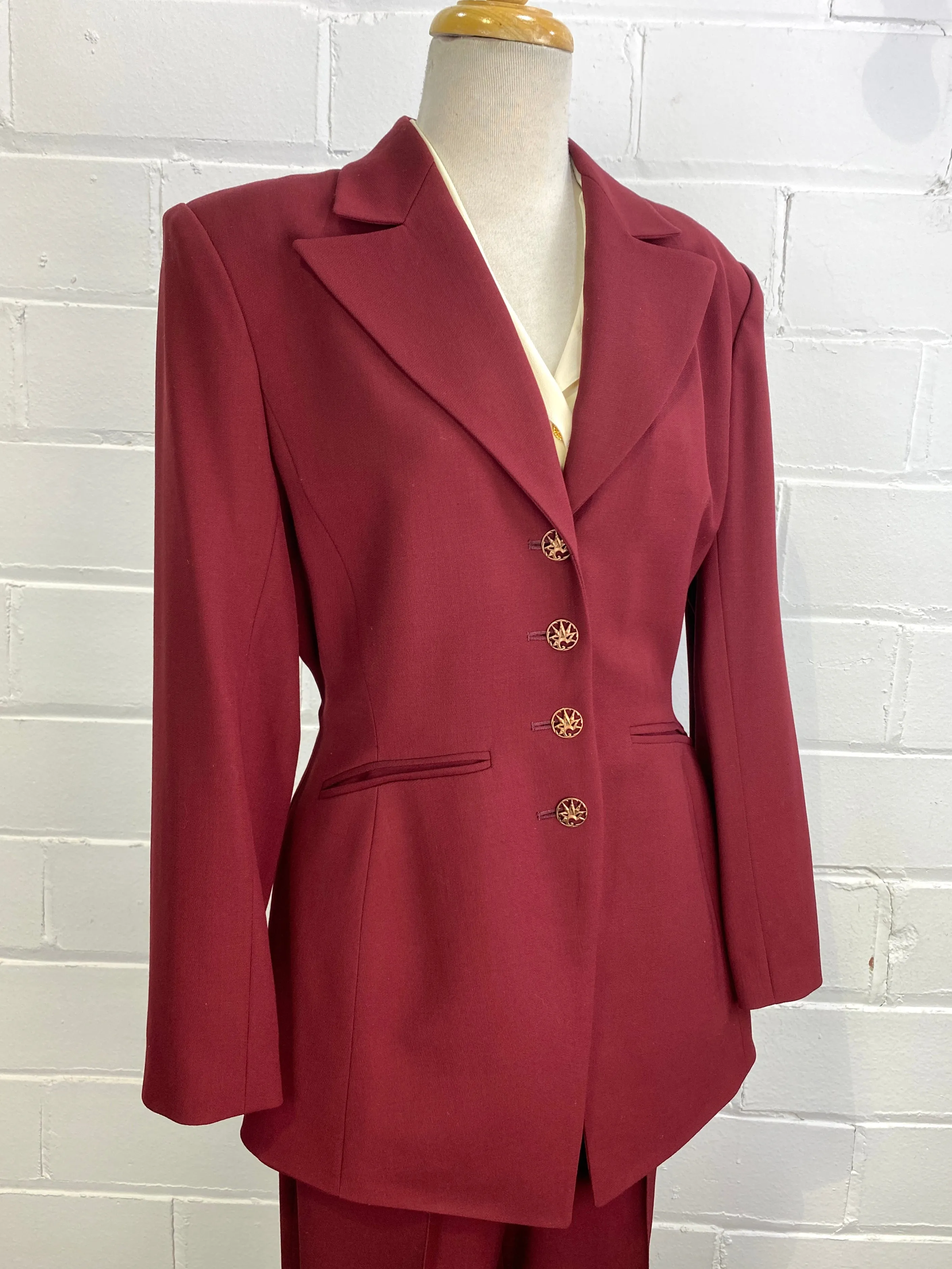 Vintage 1980s Sophie Sitbon Burgundy Wool Pant Suit, Tapered Leg, W29"