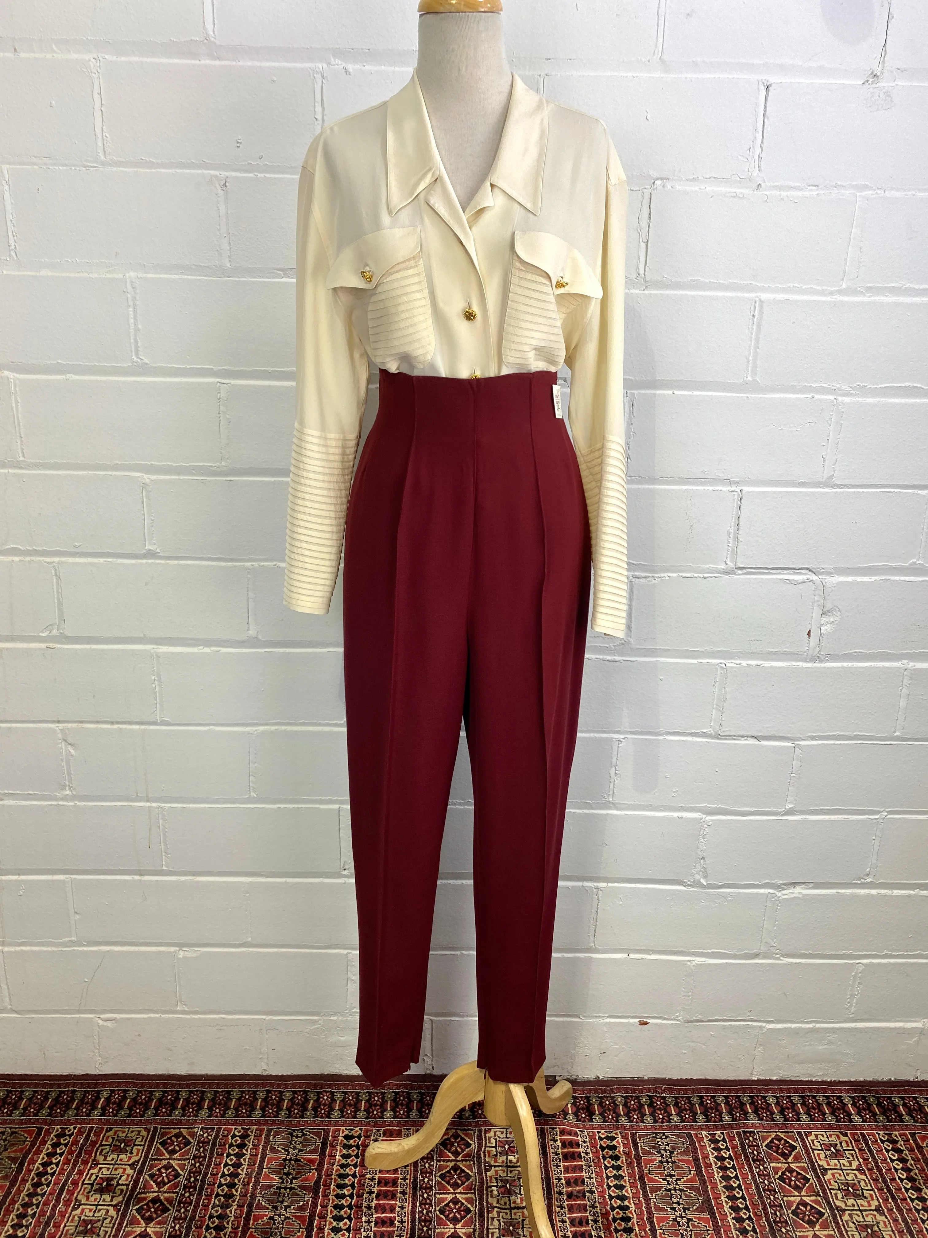 Vintage 1980s Sophie Sitbon Burgundy Wool Pant Suit, Tapered Leg, W29"