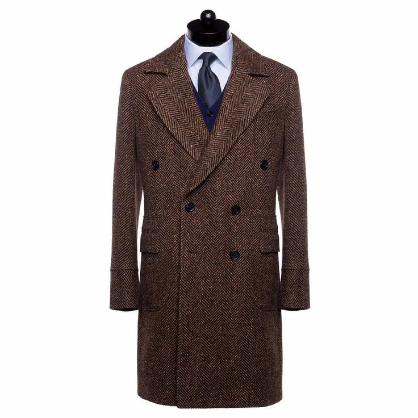 Vintage Trench Coat Men Double Breasted Notch Collar Herringbone Tweed Coat Slim Fit Winter Wedding