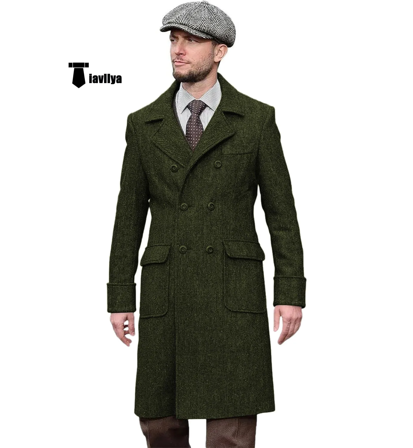 Vintage Trench Coat Men Double Breasted Notch Collar Herringbone Tweed Coat Slim Fit Winter Wedding