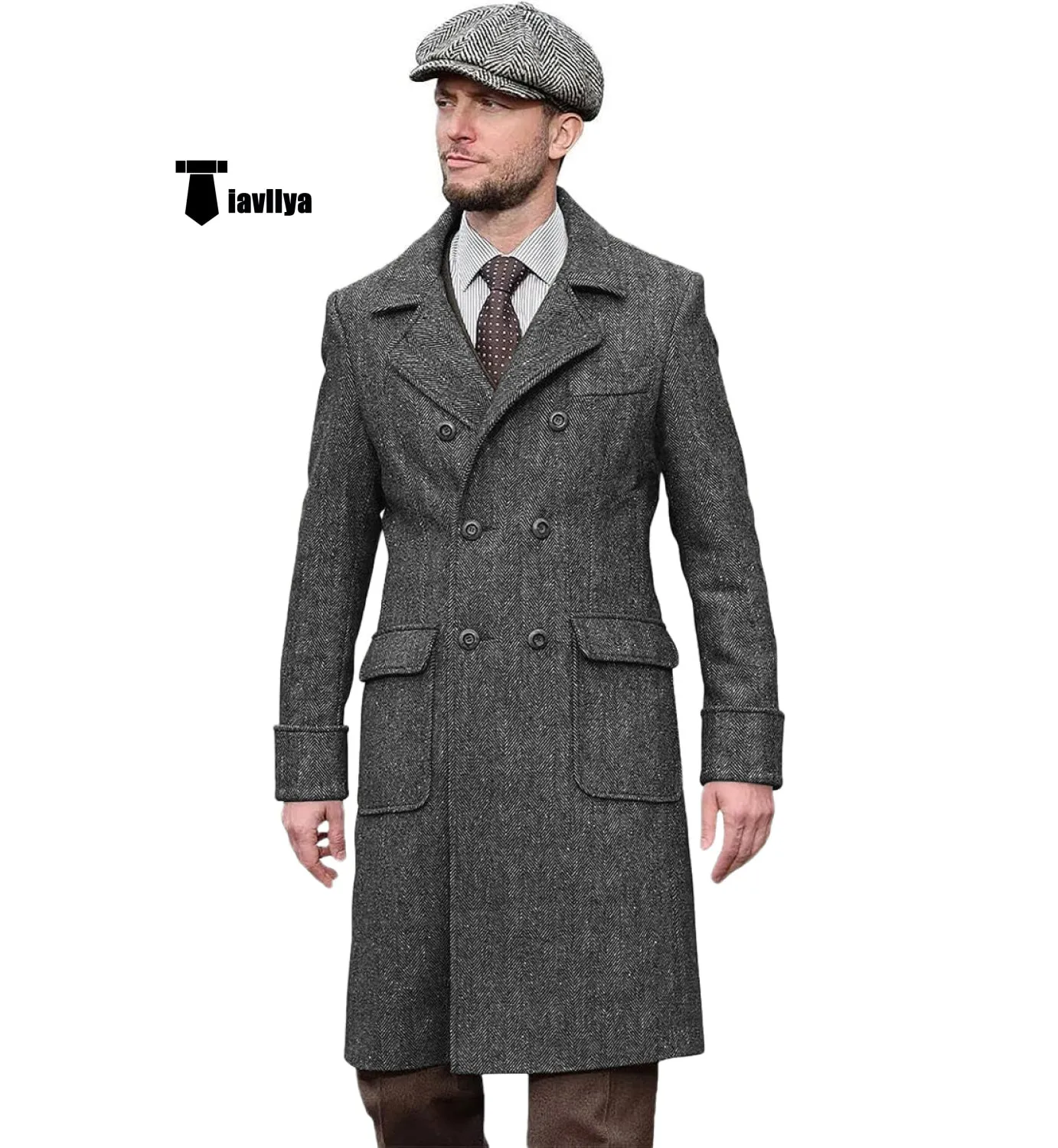 Vintage Trench Coat Men Double Breasted Notch Collar Herringbone Tweed Coat Slim Fit Winter Wedding