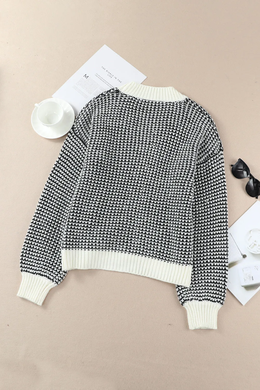 Waffle-Knit Drop Shoulder Button-Down Cardigan