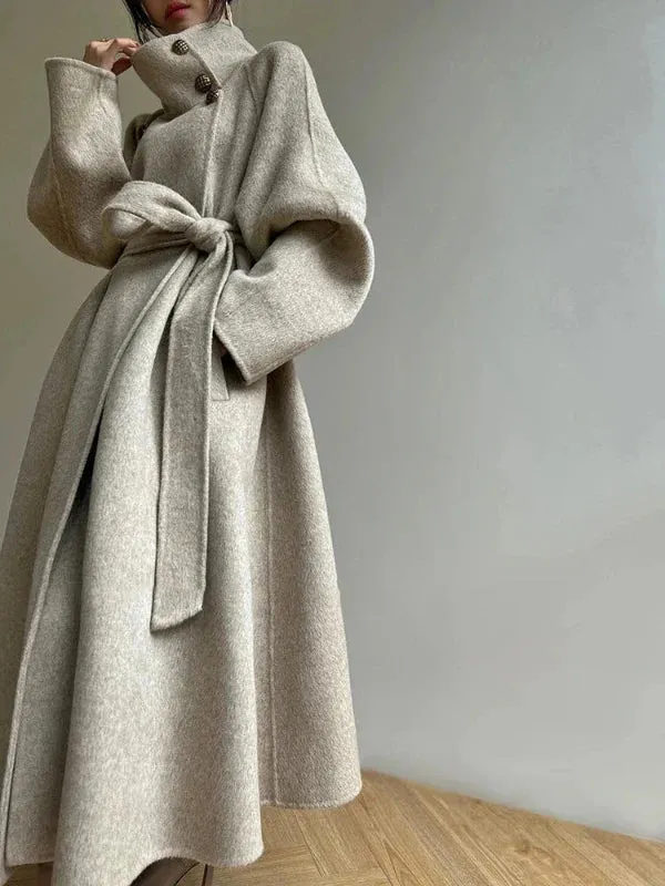 Wenkouban-Winter outfits Christmas Stand Neck Single Breasted Warm Maxi Wool Coat with Belt