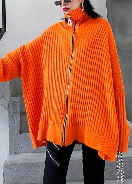 Winter orange knit tops trendy plus size high neck zippered knit blouse