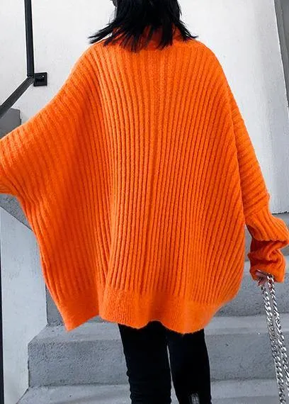 Winter orange knit tops trendy plus size high neck zippered knit blouse