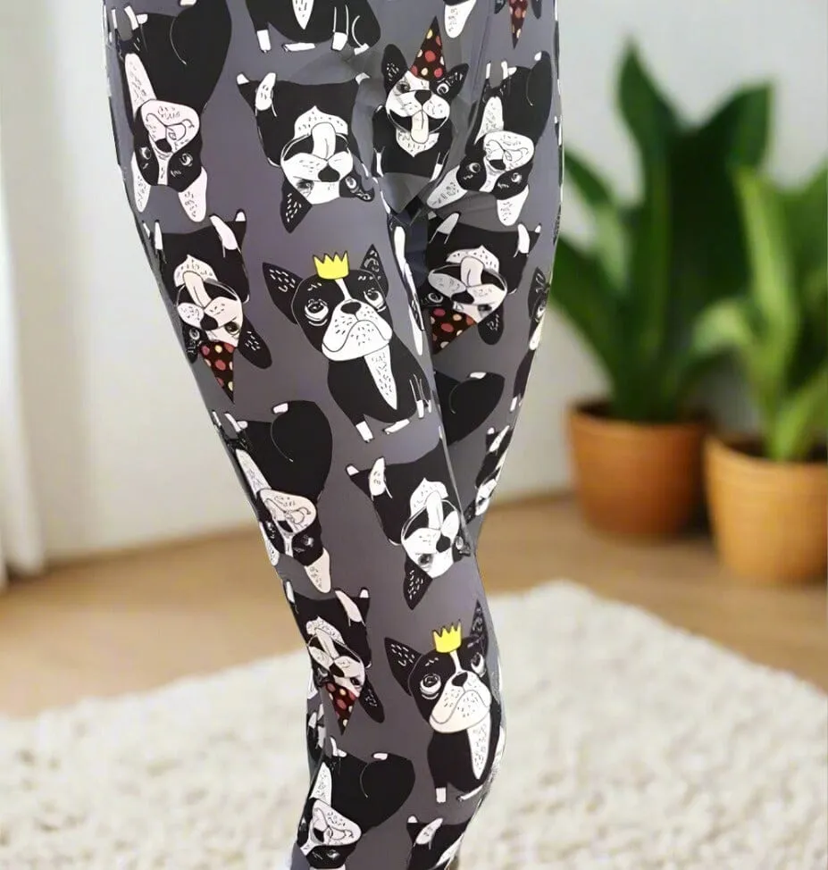 Womens Boston Terrier Dog Leggings, Soft Yoga Pants, Sizes 0-18, No-Roll Waist, Gray